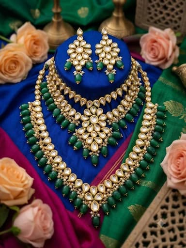 Traditional Green Bead Layered Kundan Necklace Set