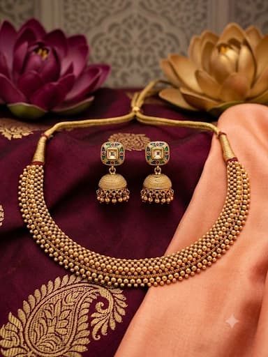 Antique Gold Mesh Bead Choker Necklace Set