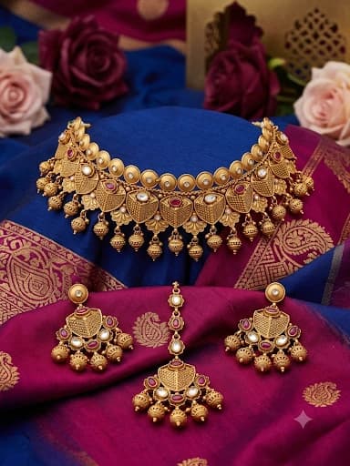 Traditional Matte Gold-Plated Choker Set With Earrings & Maang Tikka