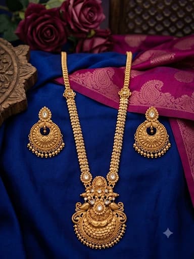 Traditional Peacock Motif Long Temple Haar With Chandbali Earrings