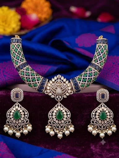 Royal Green & Blue Kundan Necklace Set