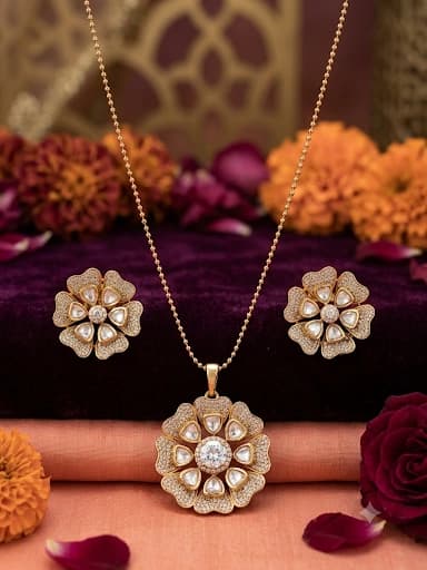 Floral Kundan & Pavé CZ Pendant Necklace Set
