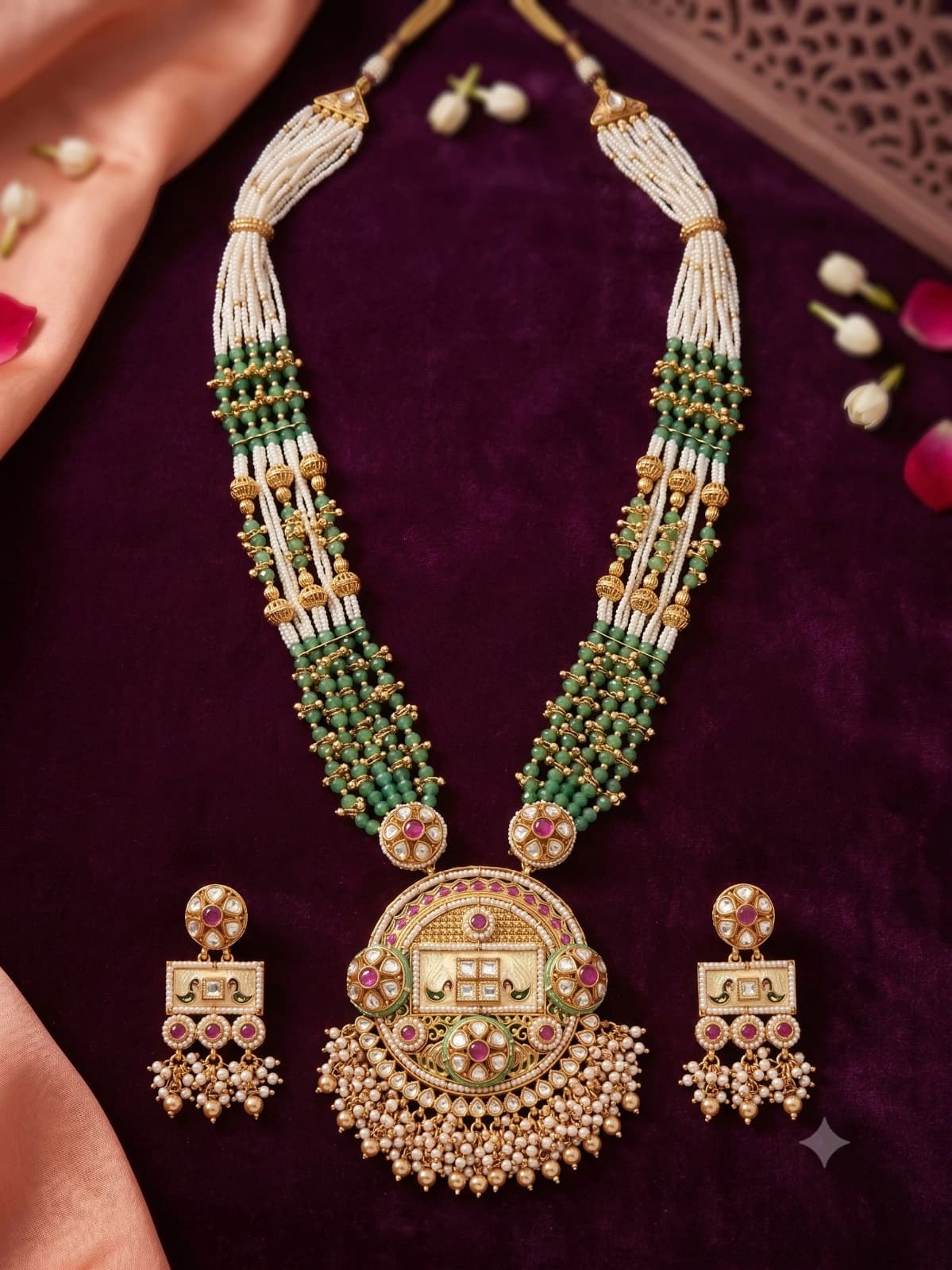 Green Kundan Pearl Long Necklace Set