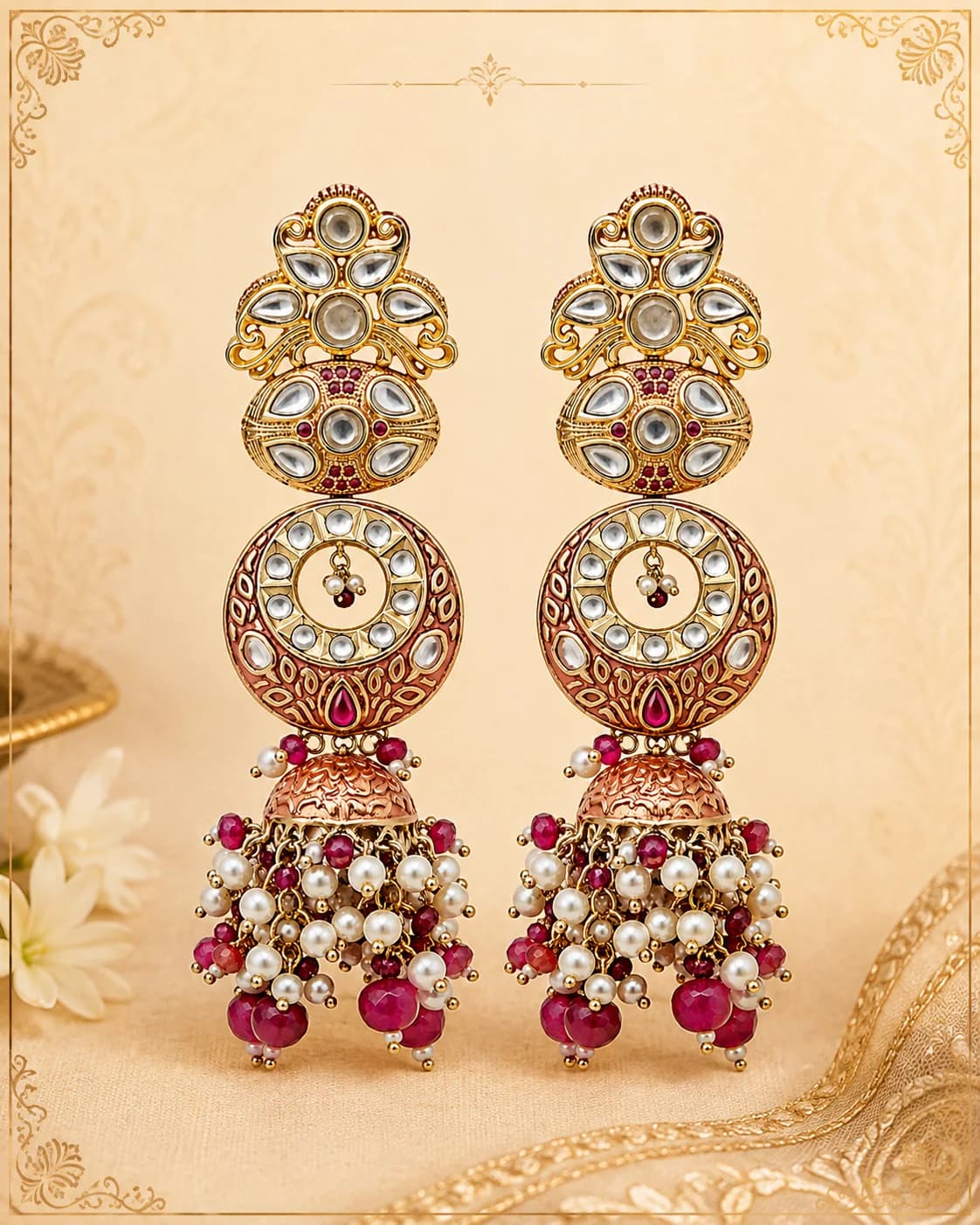 Royal Kundan Pearl & Ruby Jhumka