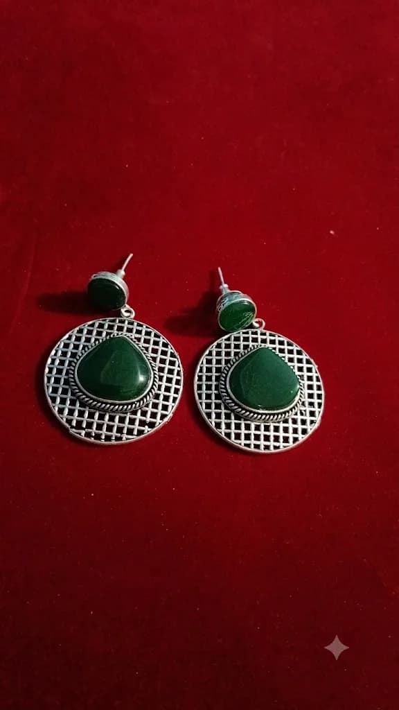 Elegant Green Stone Silver Tone Earrings