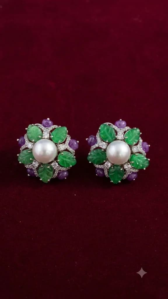 Pearl & Green Stone Floral Stud Earrings
