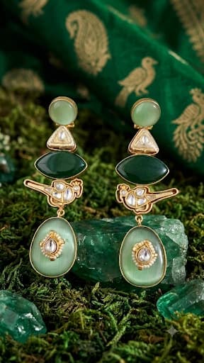Green Minakari Bird Drop Earrings