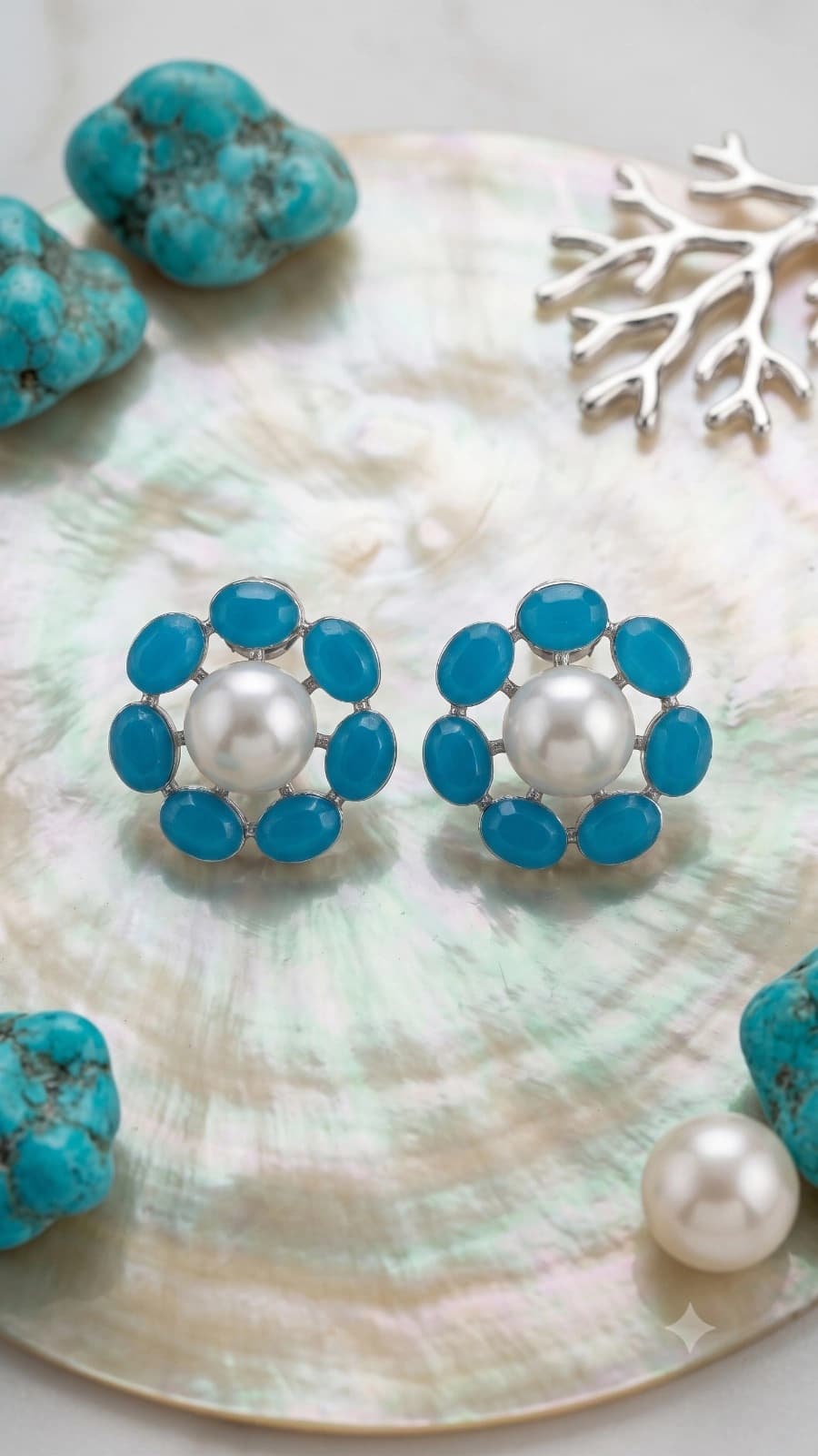 Blue Pearl Floral Stud Earrings