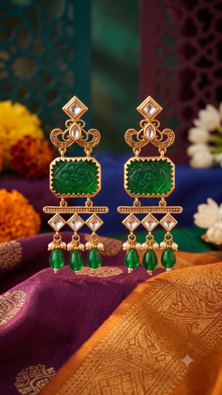 Elegant Green Carved Stone Pearl Drop Earrings