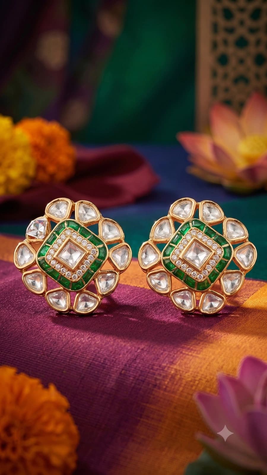 Green Meenakari Floral Stud Earrings