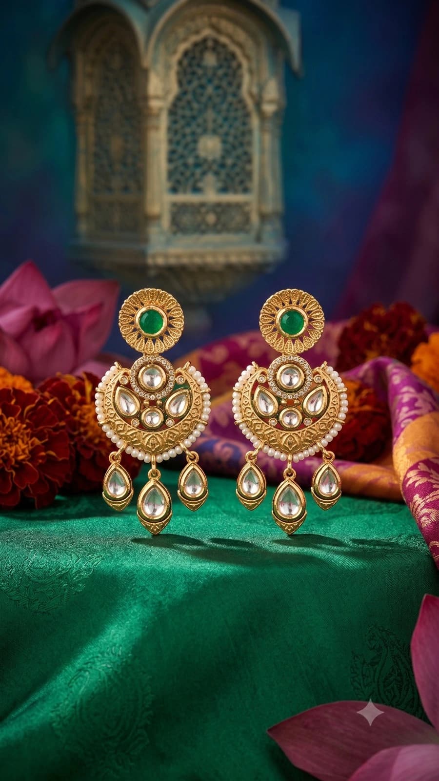 Green Kundan Pearl Chandbali Earrings